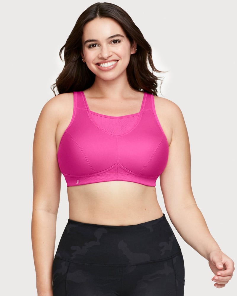 Front of a model wearing a size 46H No-Bounce Camisole Sports Bra in Rose Violet by Glamorise Sport. | dia_product_style_image_id:263074